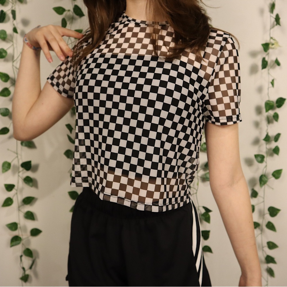 Full Tilt Sheer Crop Top | Checkerboard Print